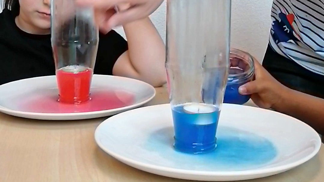 Beispiel für ein Wasserexperiment mit Flaschen und Farben.